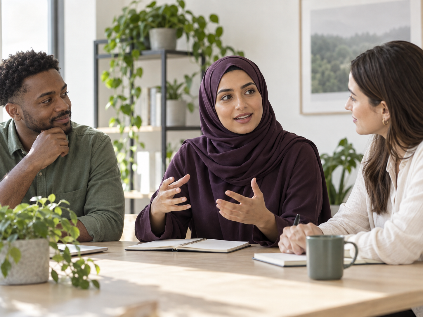 Illustrative scene of charity colleagues discussing a proposal together